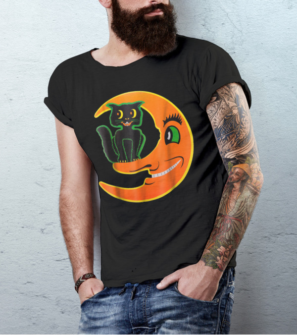 Vintage Halloween Beistle Cat On The Grinning Orange Moon T-Shirt