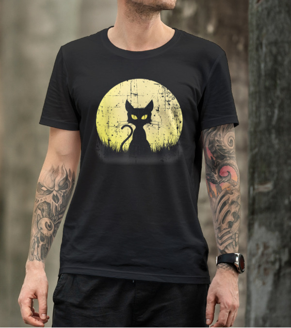 Vintage Halloween Cat Silhouette Full Moon Weathered T-Shirt
