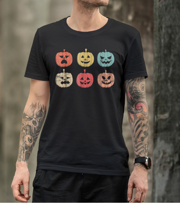Vintage Pumpkin Retro Halloween Jack O Lantern Faces T-Shirt