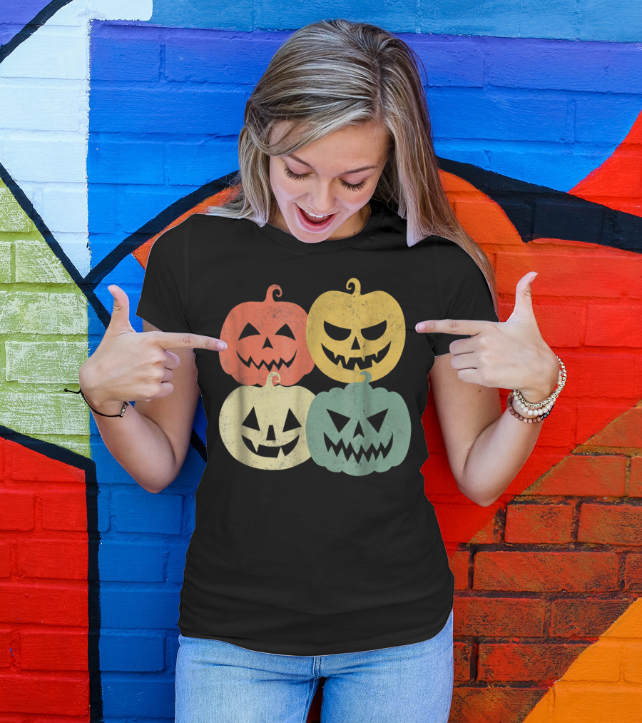 Vintage Pumpkin Funny Pumpkin Colorful Jack-O-Lantern Faces T-Shirt