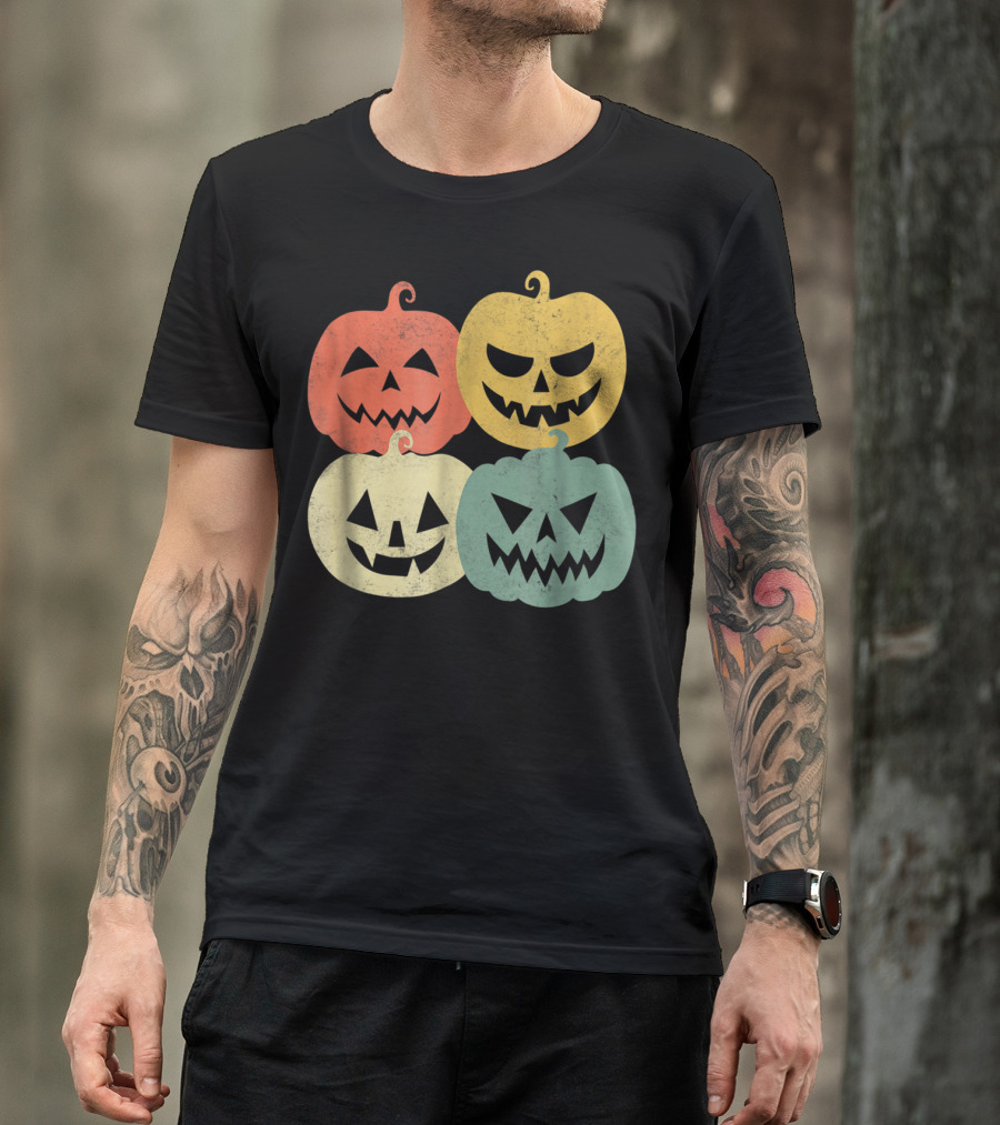 Vintage Pumpkin Funny Pumpkin Colorful Jack-O-Lantern Faces T-Shirt