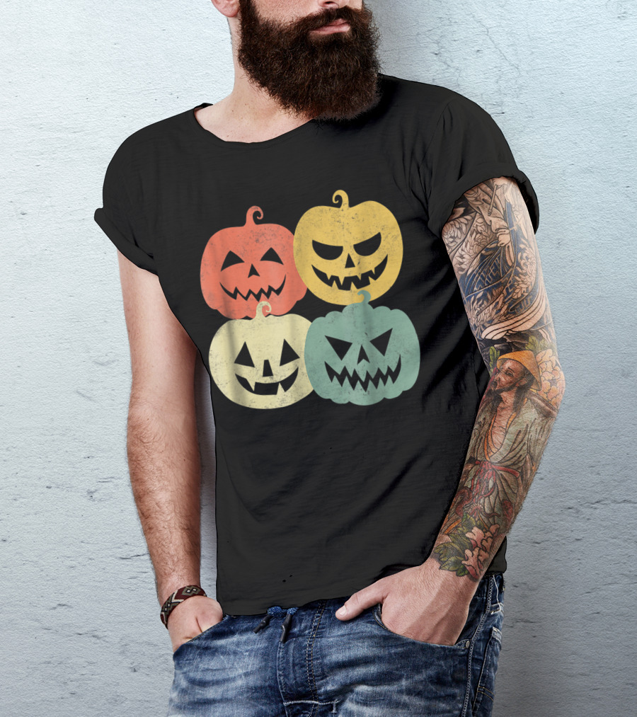 Vintage Pumpkin Funny Pumpkin Colorful Jack-O-Lantern Faces T-Shirt