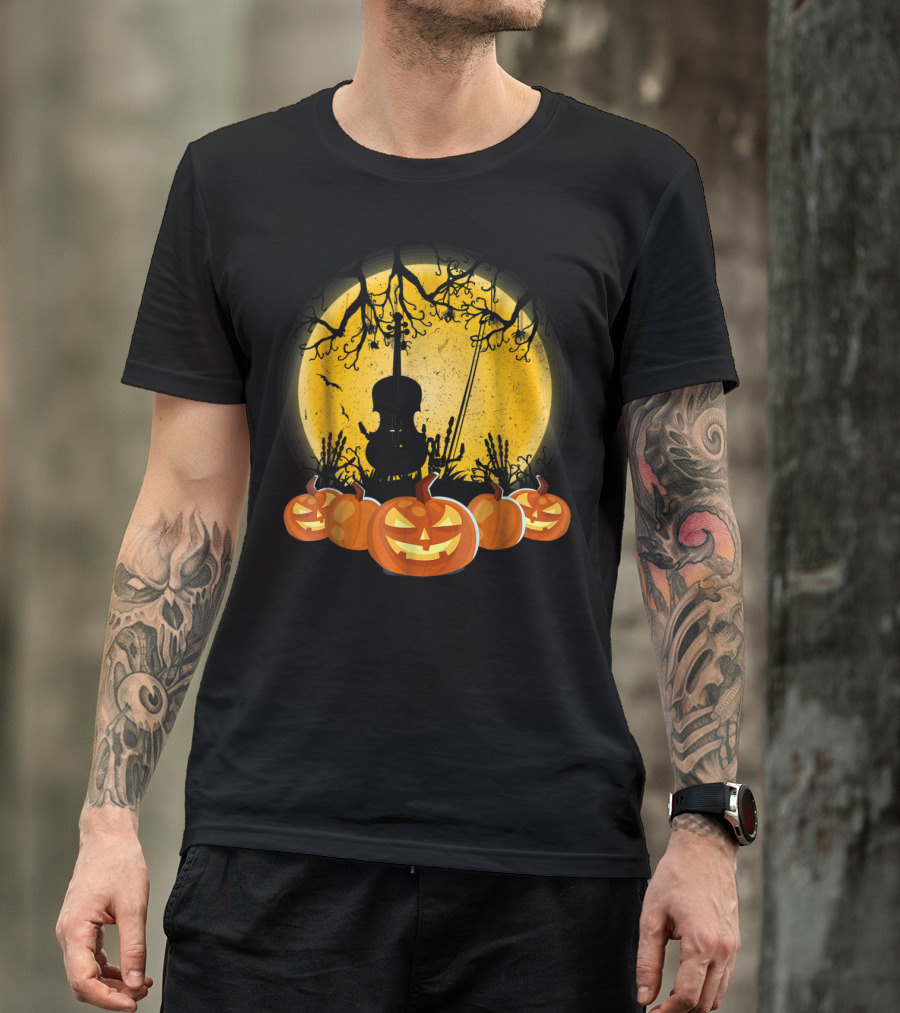 Halloween Moonlit Violin And Pumpkins T-Shirt