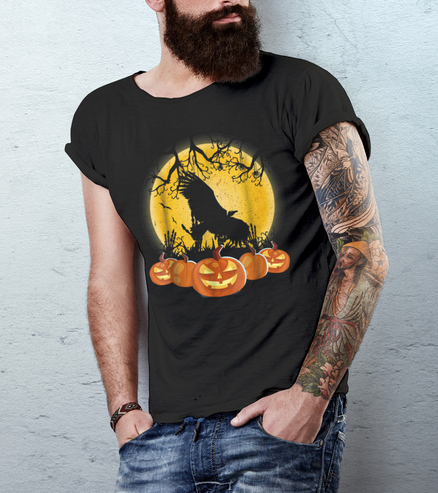 Vulture Silhouette In Spooky Pumpkin Patch Under Full Moon T-Shirt