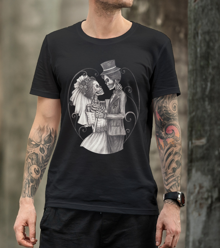 Wedding Day Of The Dead Dia De Los Muertos Halloween Skeleton Couple T-Shirt
