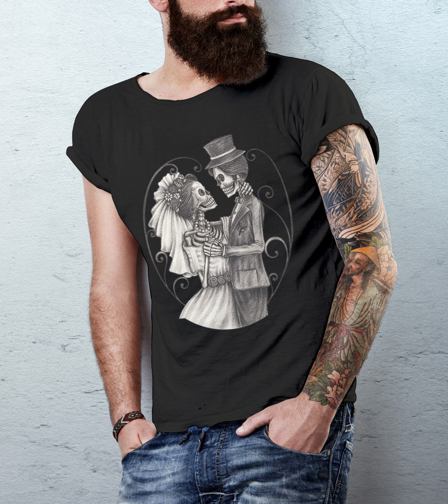 Wedding Day Of The Dead Dia De Los Muertos Halloween Skeleton Couple T-Shirt