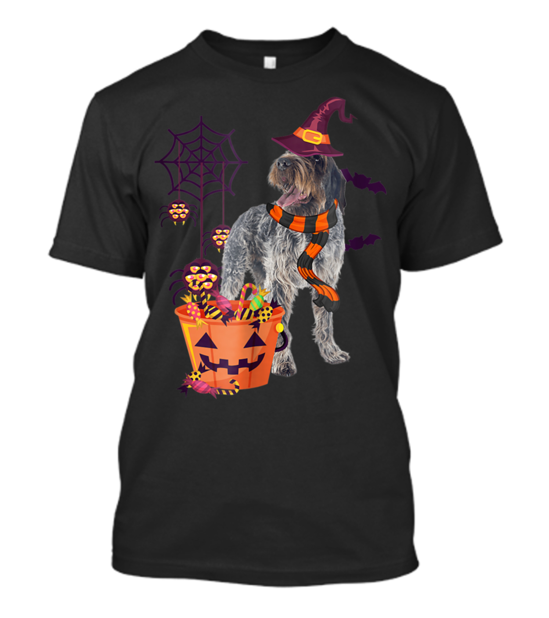 Wirehaired Pointing Griffon Dog Halloween Witch Hat Candy Bucket Spider Web Bats T-Shirt