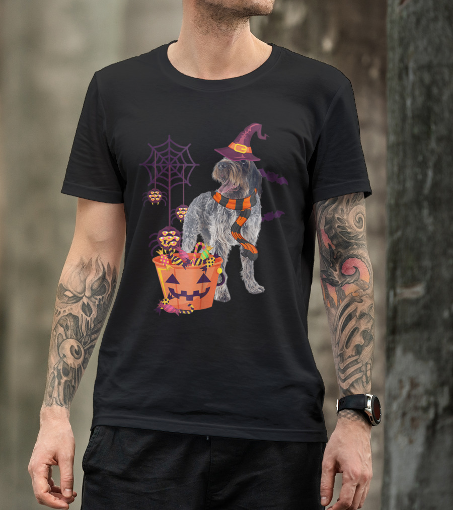 Wirehaired Pointing Griffon Dog Halloween Witch Hat Candy Bucket Spider Web Bats T-Shirt