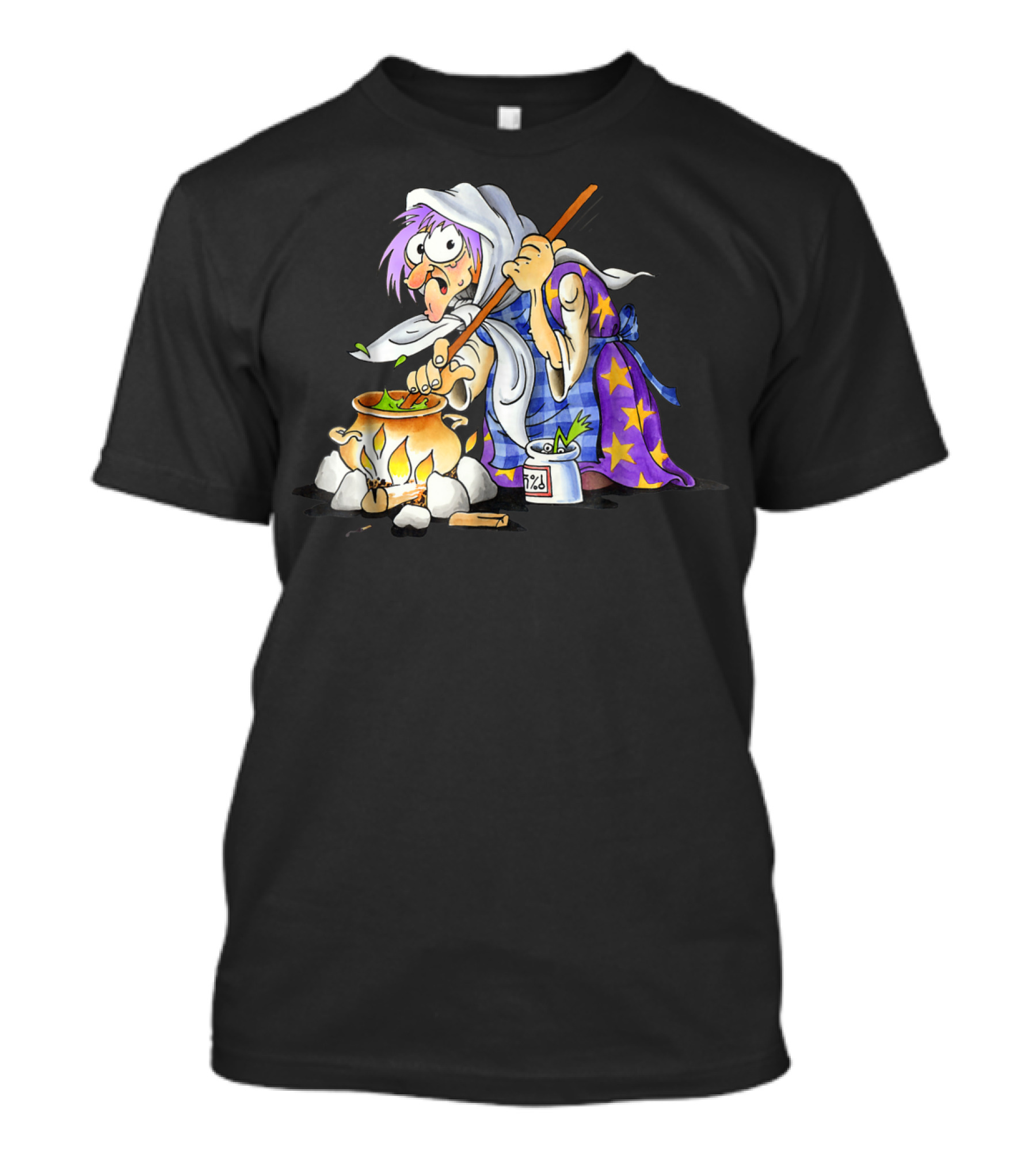 Witch Cooking In Starry Robe With Cauldron And Potion T-Shirt