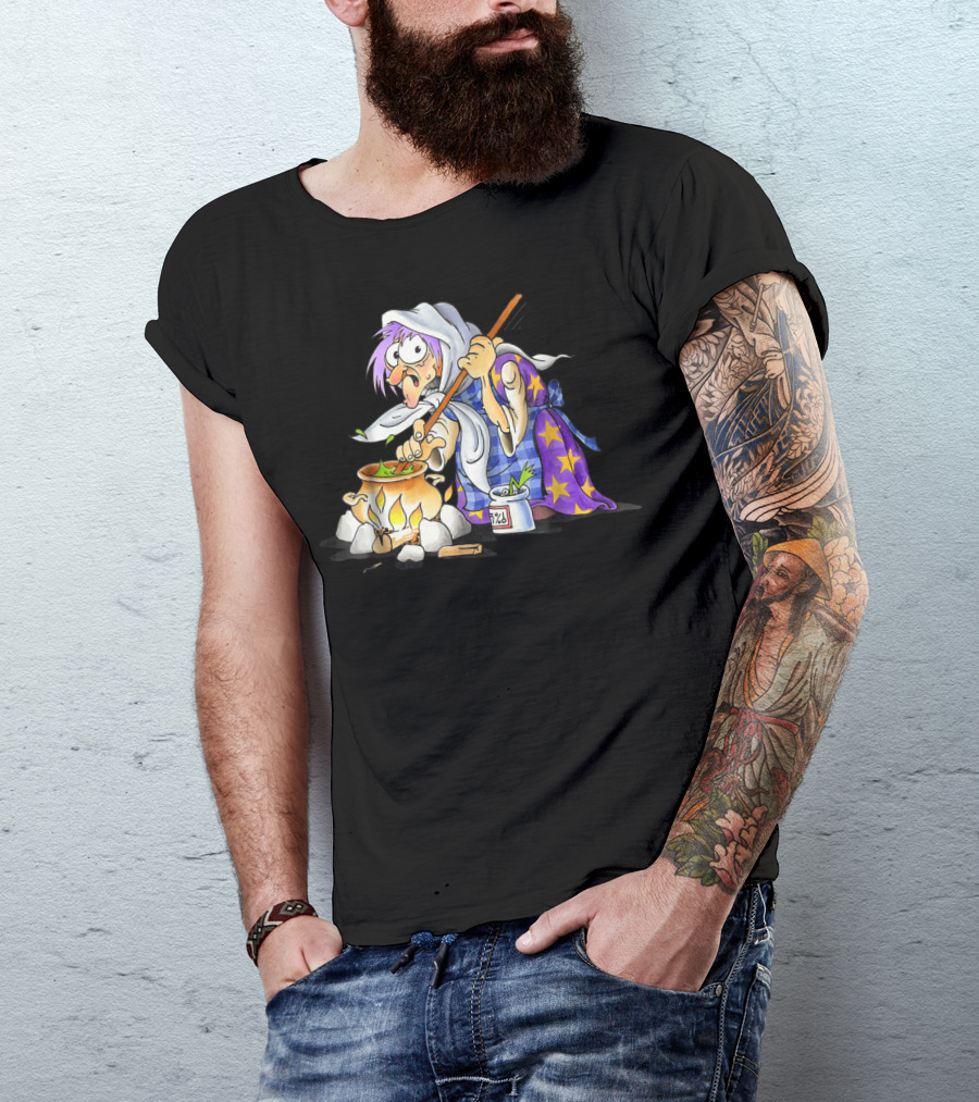 Witch Cooking In Starry Robe With Cauldron And Potion T-Shirt