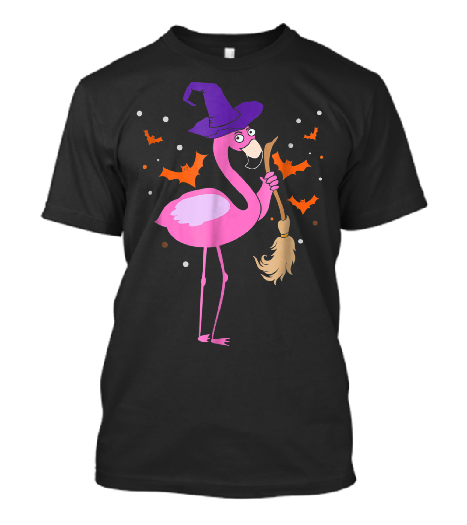 Witch Hat Pink Flamingo Holding Funny Broom With Halloween Bats T-Shirt
