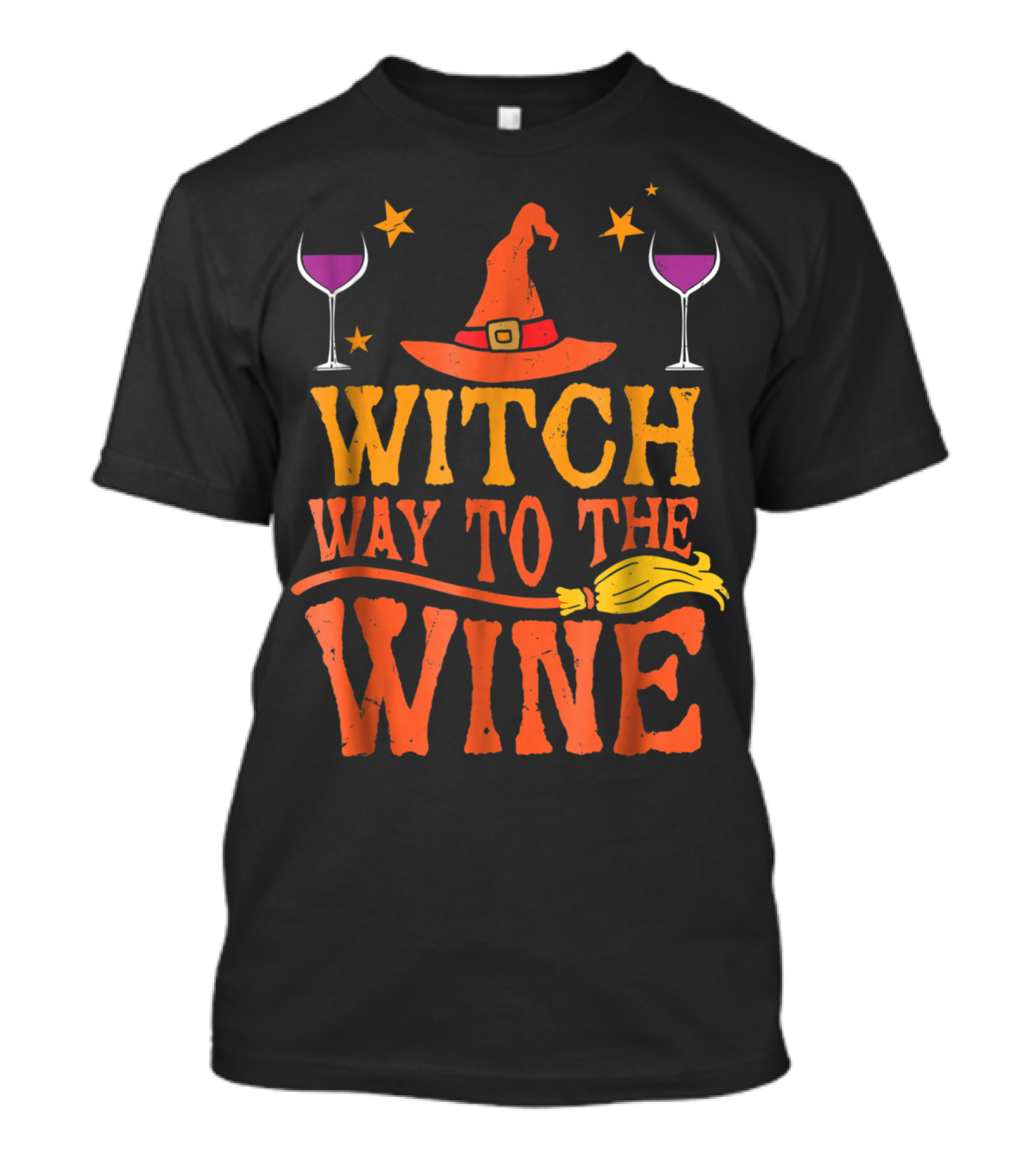 Witch Way To The Wine Halloween Hat Stars Broomstick Glasses T-Shirt