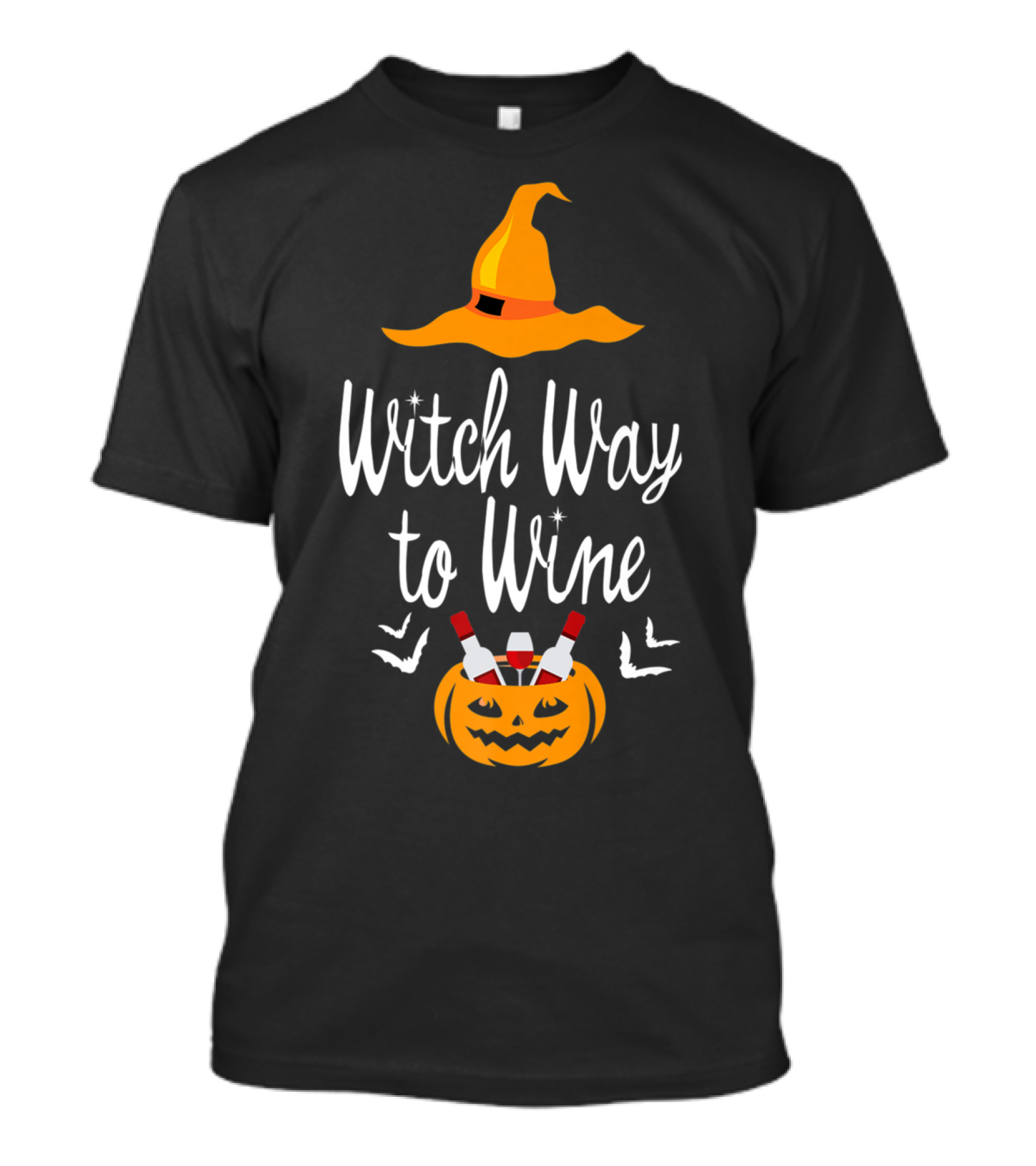 Witch Way To Wine Halloween Pumpkin Hat Bats Wine Lover T-Shirt