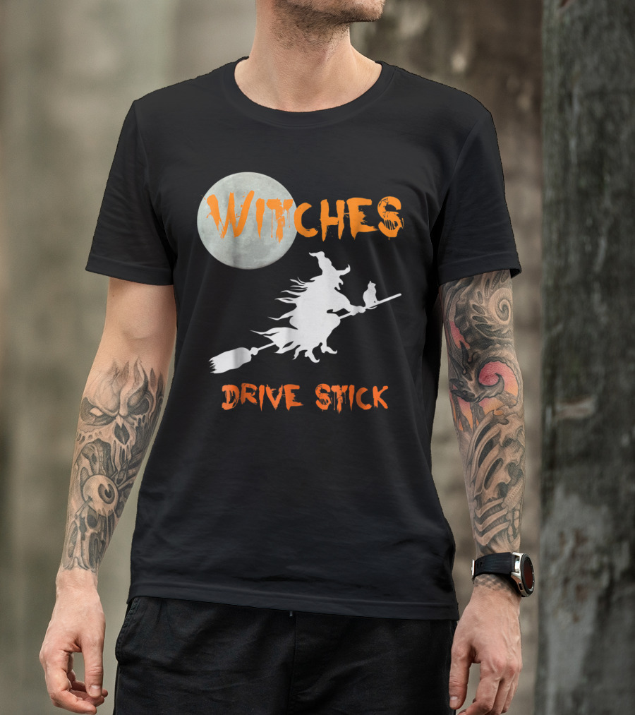 Witches Drive Stick Funny Halloween Moon Witch Cat T-Shirt