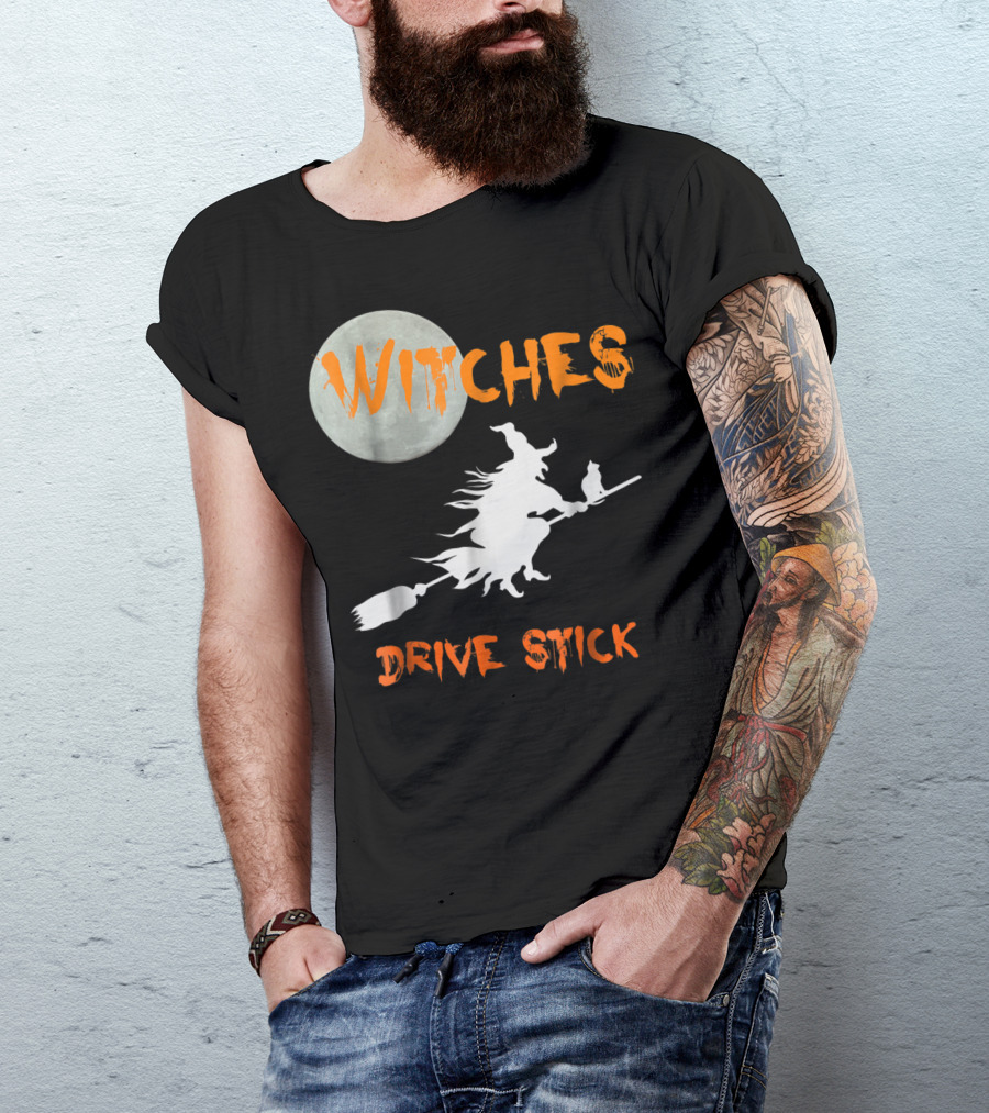 Witches Drive Stick Funny Halloween Moon Witch Cat T-Shirt