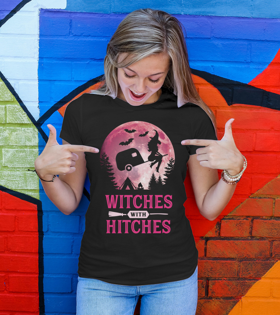 Witches With Hitches Funny Halloween Camping Moon Bats Trailer T-Shirt