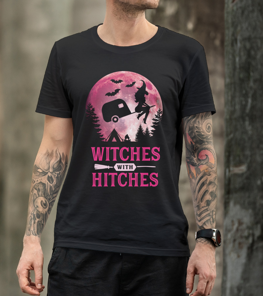 Witches With Hitches Funny Halloween Camping Moon Bats Trailer T-Shirt