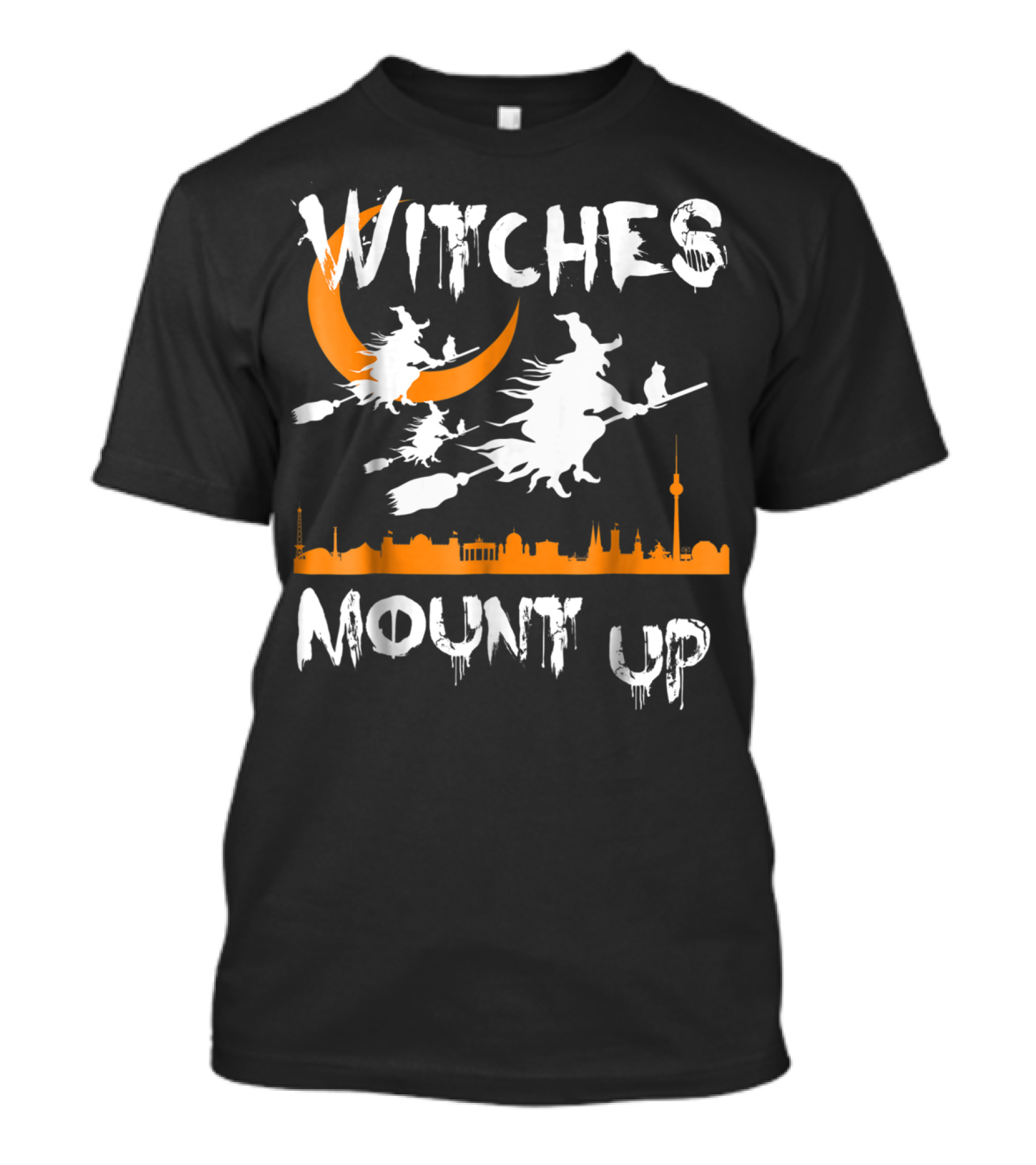Witches Mount Up Flying Over City Skyline With Crescent Moon T-Shirt