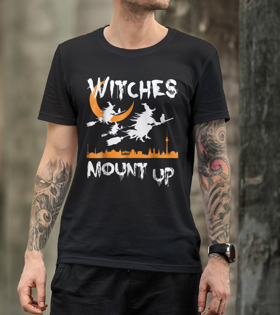 Witches Mount Up Flying Over City Skyline With Crescent Moon T-Shirt