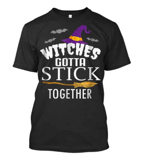 Witches Gotta Stick Together Halloween Bats Purple Hat Broomstick T-Shirt
