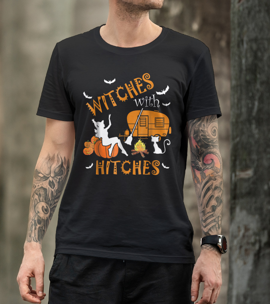 Witches With Hitches Pumpkins Fire Cat Broom Bats Camper T-Shirt