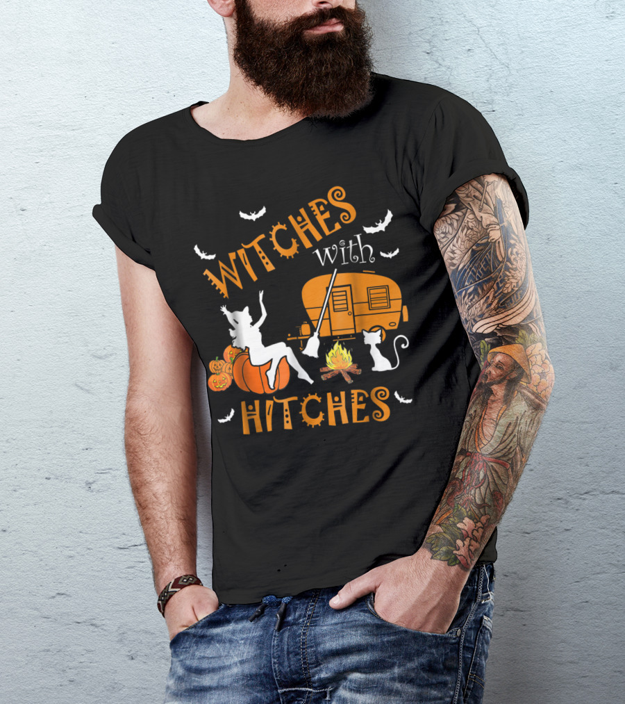 Witches With Hitches Pumpkins Fire Cat Broom Bats Camper T-Shirt