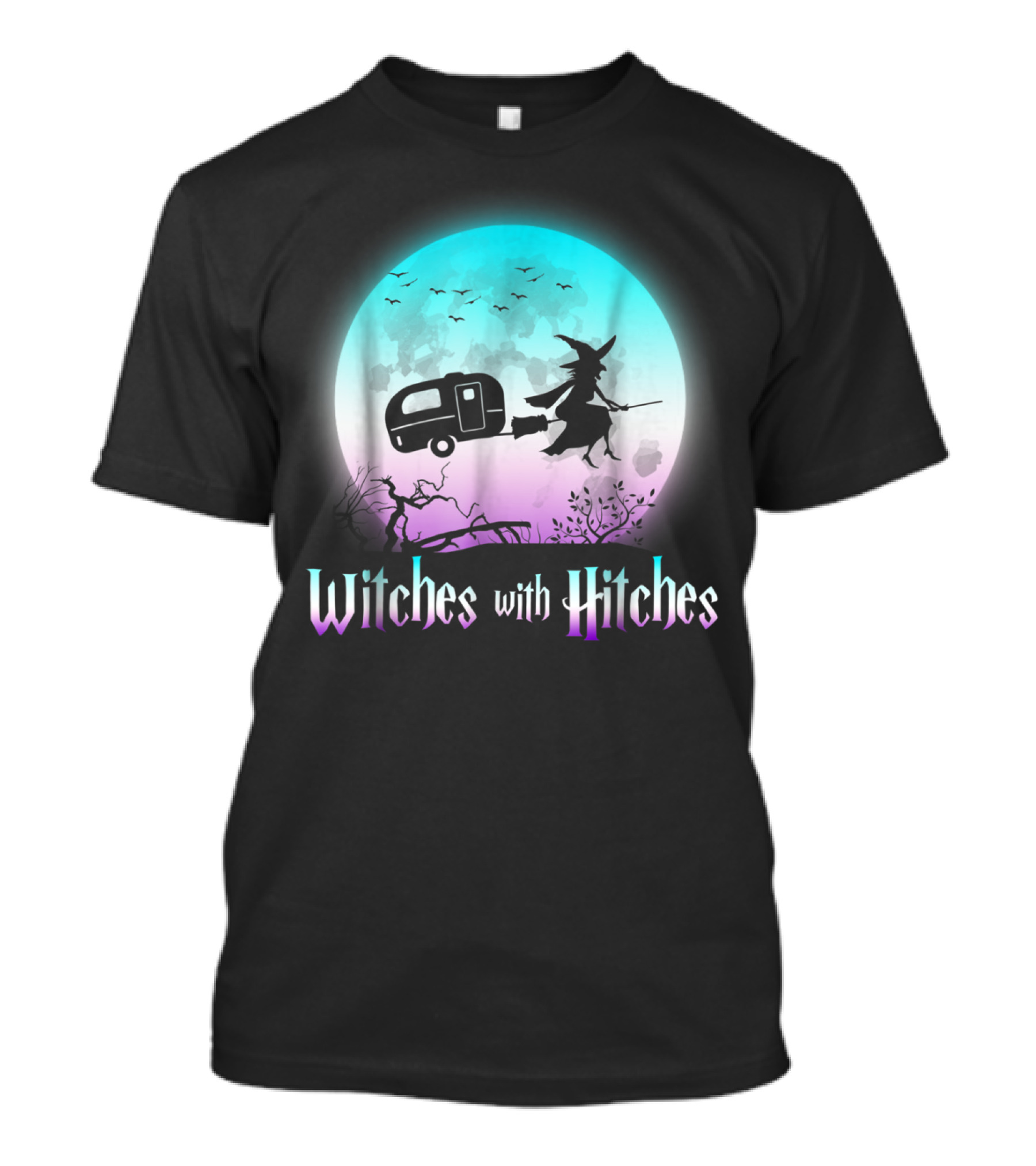 Witches With Hitches Halloween Camping Moon Silhouette With Bats And RV Trailer T-Shirt