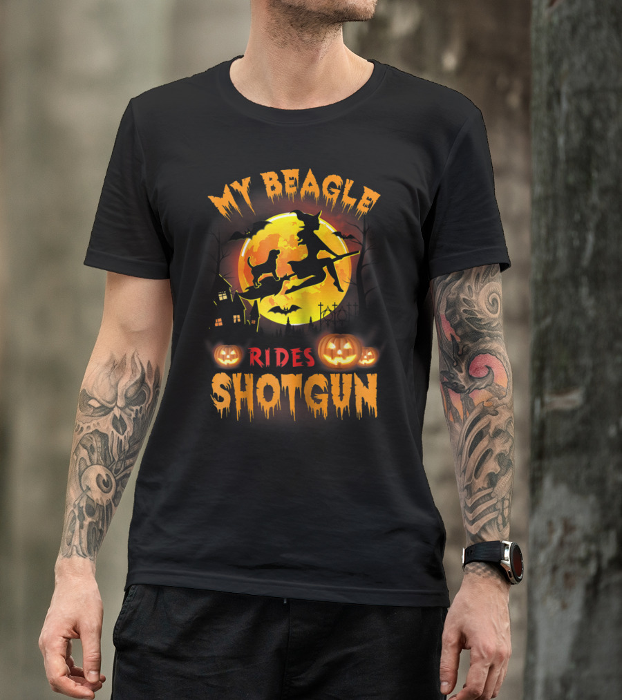 My Beagle Rides Shotgun Halloween Witch Silhouette Moon Background T-Shirt