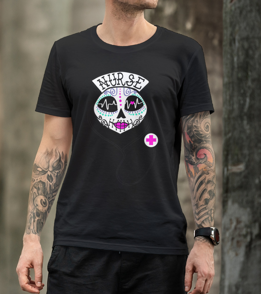 Nurse Halloween Sugar Skull With Stethoscope T-Shirt