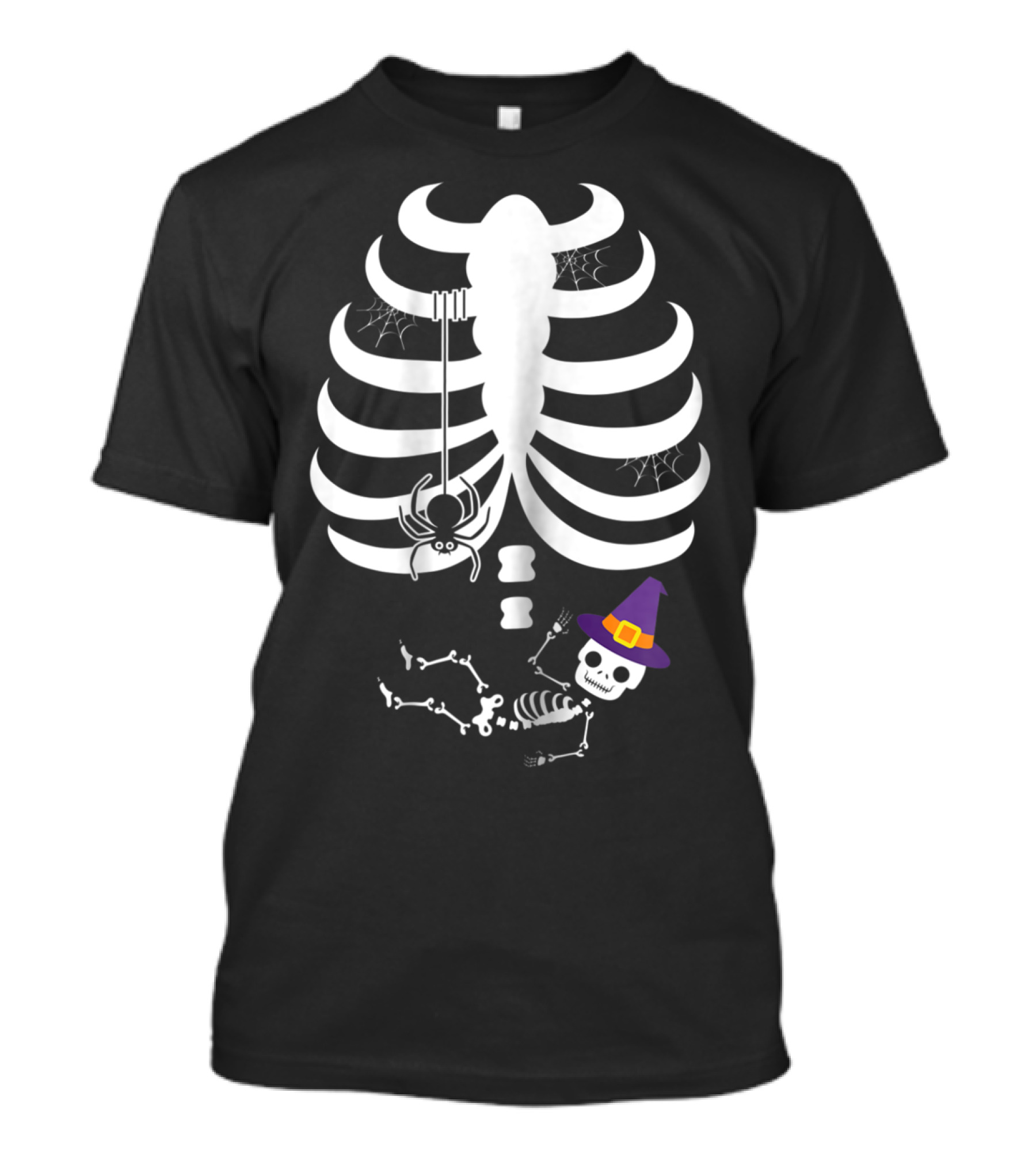 Halloween Pregnant Skeleton With Spider And Witch Hat Baby Skeleton T-Shirt