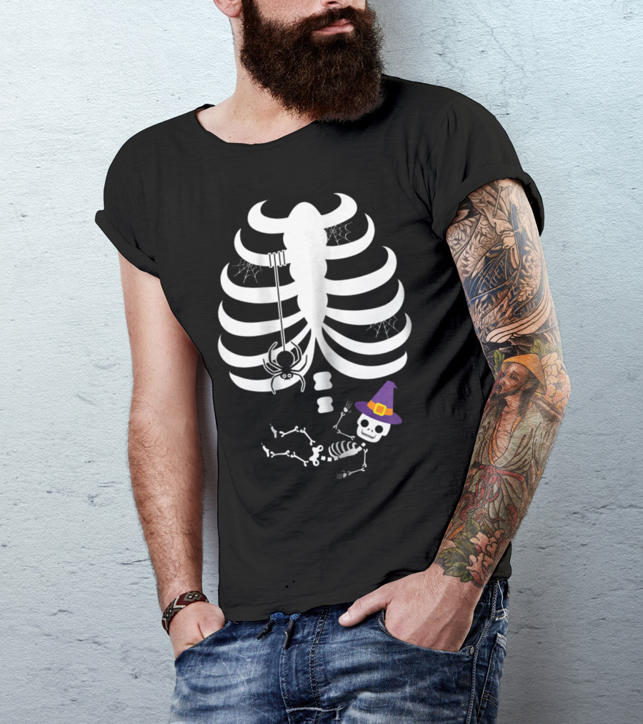 Halloween Pregnant Skeleton With Spider And Witch Hat Baby Skeleton T-Shirt