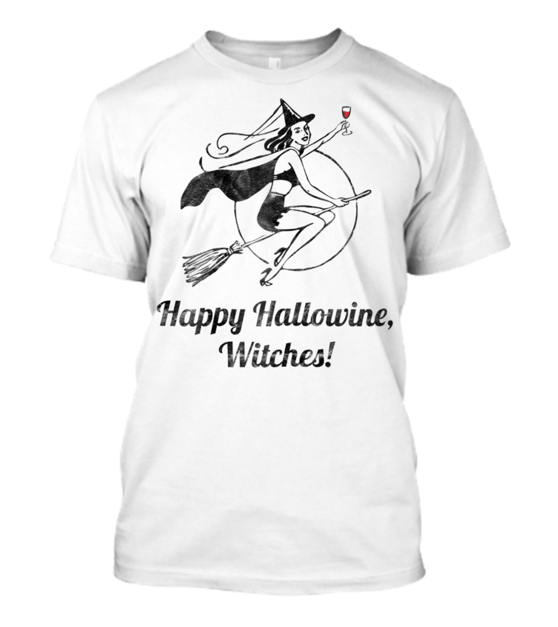 Happy Hallowine Witches Halloween Wine Witch On Broom With Glass T-Shirt