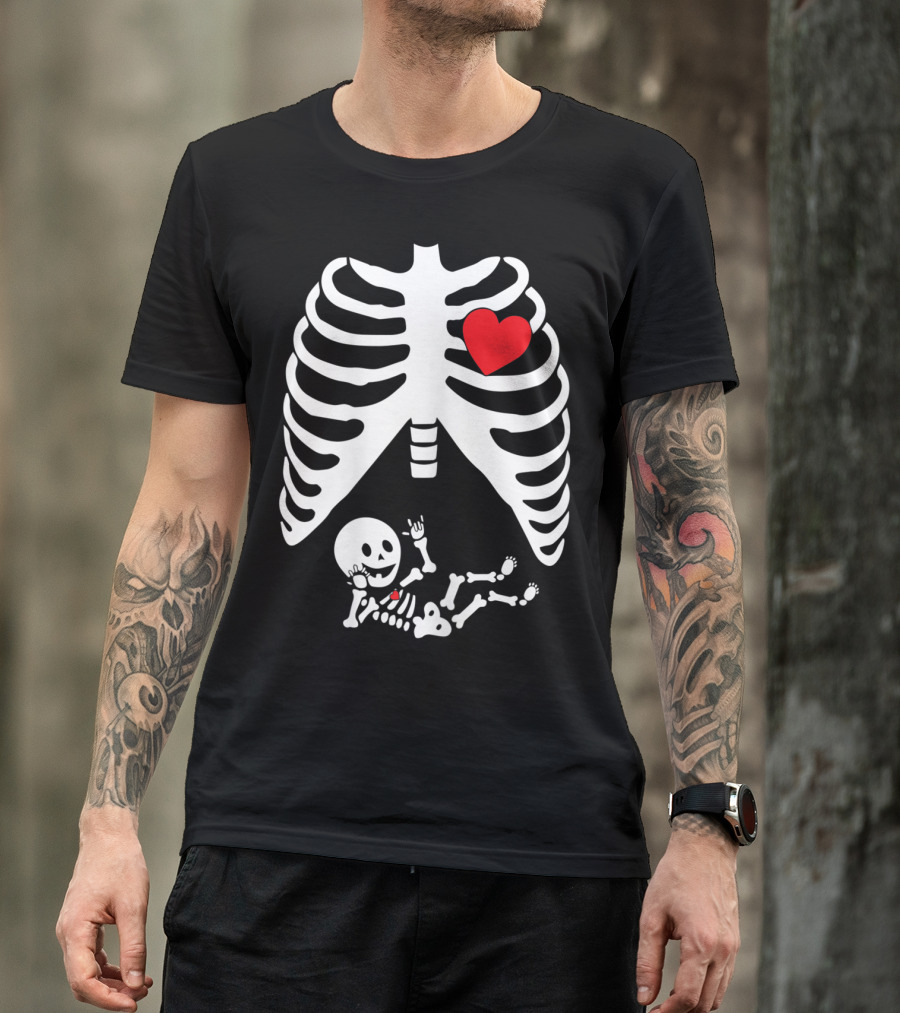 Pregnant Halloween Skeleton Costume With Heart And Baby Skeleton T-Shirt