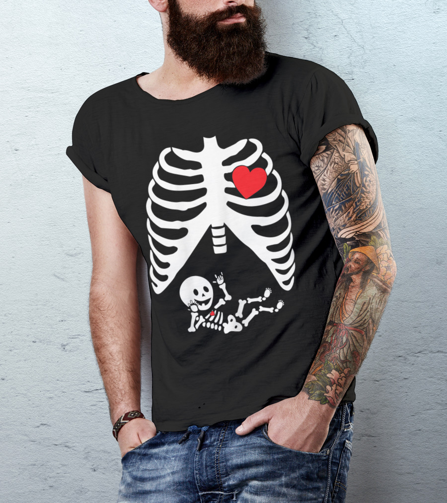 Pregnant Halloween Skeleton Costume With Heart And Baby Skeleton T-Shirt