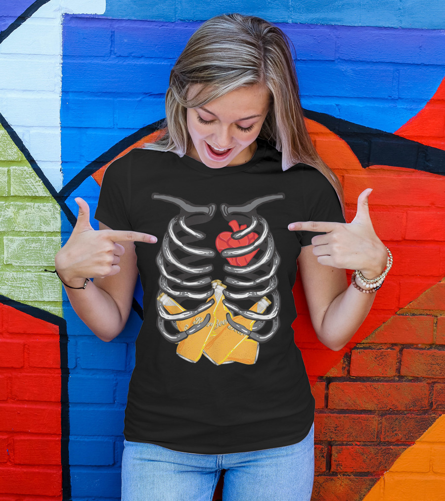Xray Skeleton Rib Cage With Beer Bottles Halloween T-Shirt