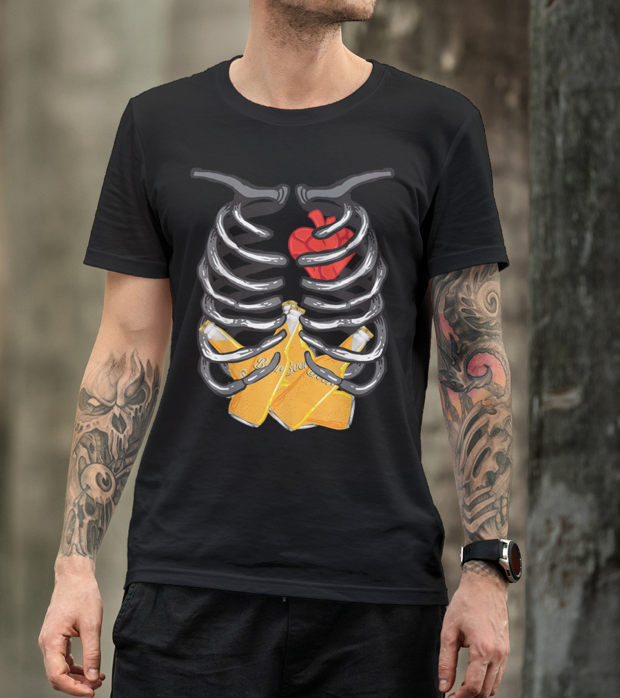 Xray Skeleton Rib Cage With Beer Bottles Halloween T-Shirt
