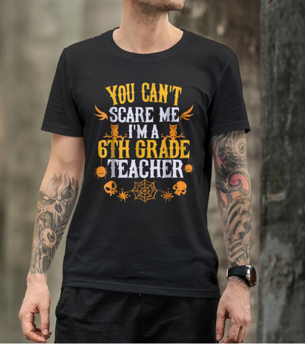 You Can't Scare Me I'm A 6th Grade Teacher Owls, Spiders, Skulls, And Webs T-Shirt