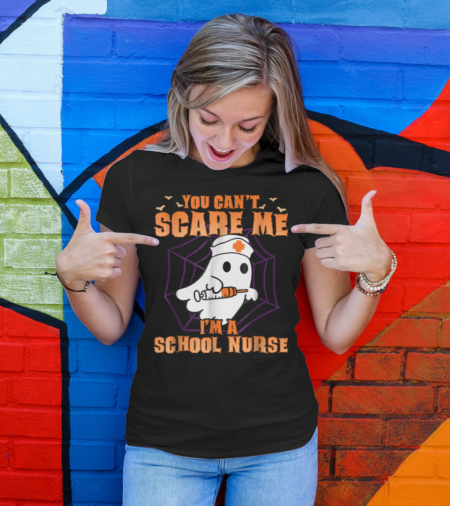 You Can't Scare Me I'm A School Nurse Ghost With Syringe And Spider Web T-Shirt