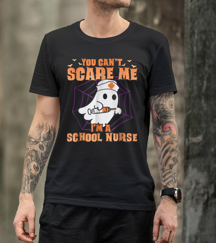 You Can't Scare Me I'm A School Nurse Ghost With Syringe And Spider Web T-Shirt