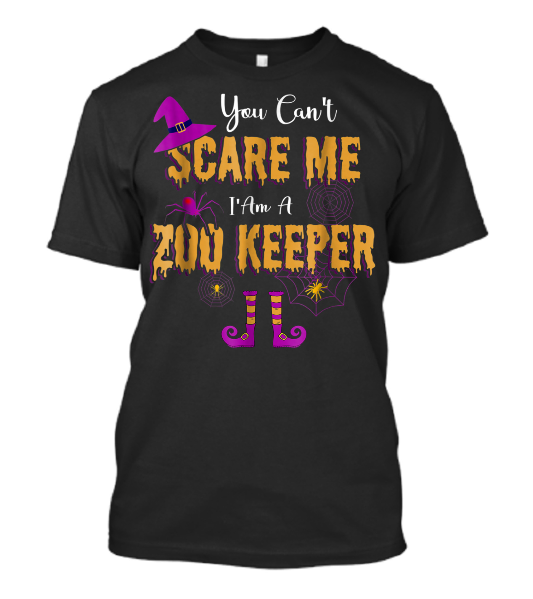 You Can't Scare Me I'm A Zoo Keeper Halloween Witch Hat Spider Webs Striped Socks T-Shirt