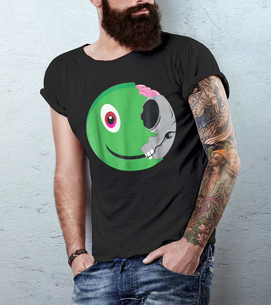 Zombie Emoji Half Skull Face Emoticon T-Shirt