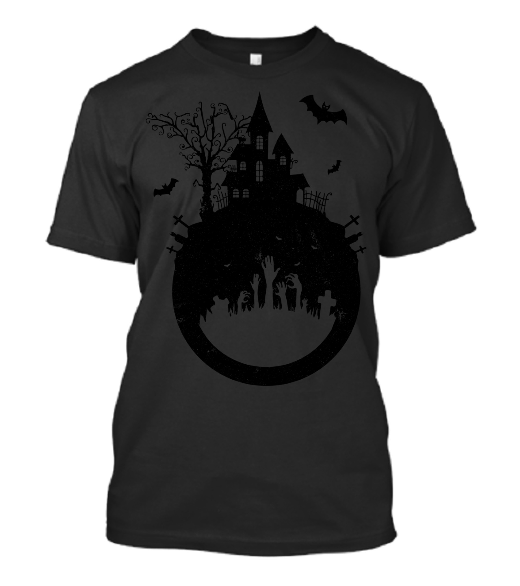 Zombie Graveyard Haunted House With Bats And Spooky Trees T-Shirt