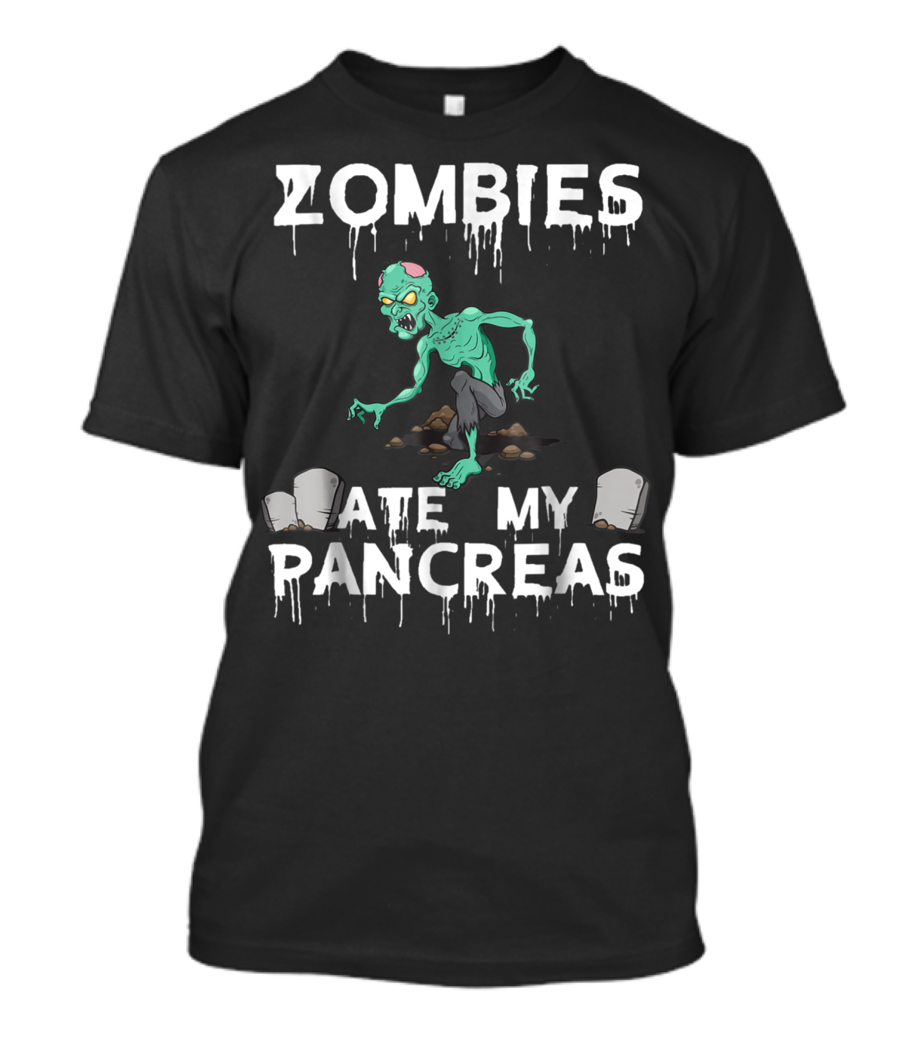 Zombies Ate My Pancreas Creepy Cartoon Undead Character With Gravestones T-Shirt