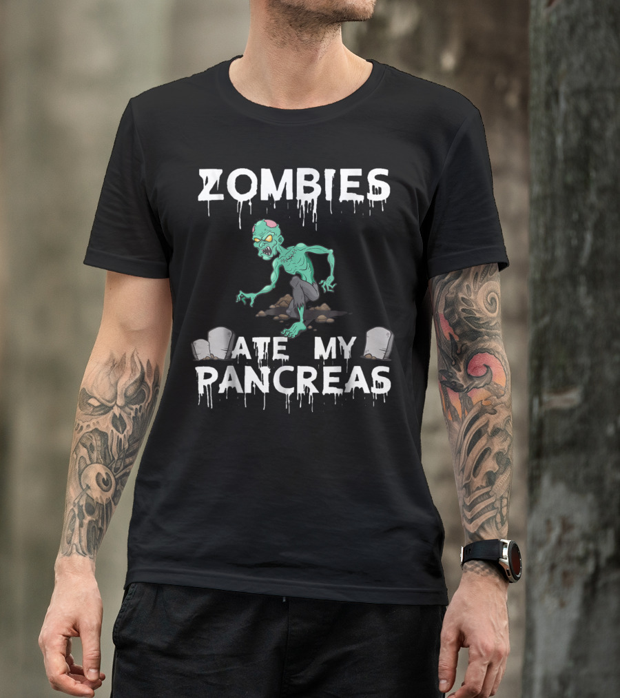 Zombies Ate My Pancreas Creepy Cartoon Undead Character With Gravestones T-Shirt