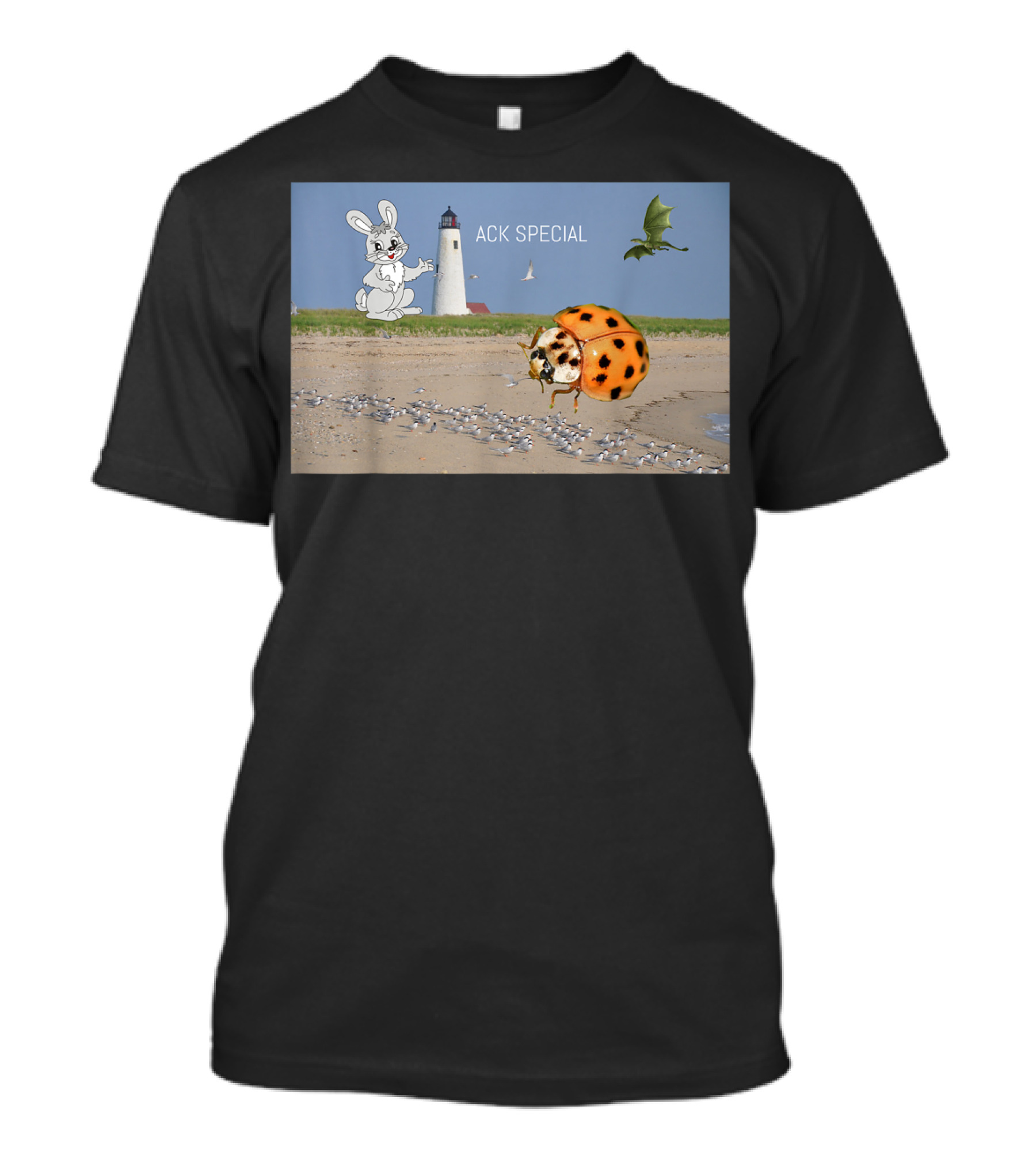 Ack Special Rabbit, Lighthouse, Ladybug, And Dragon Fantasy Beach Scene T-Shirt