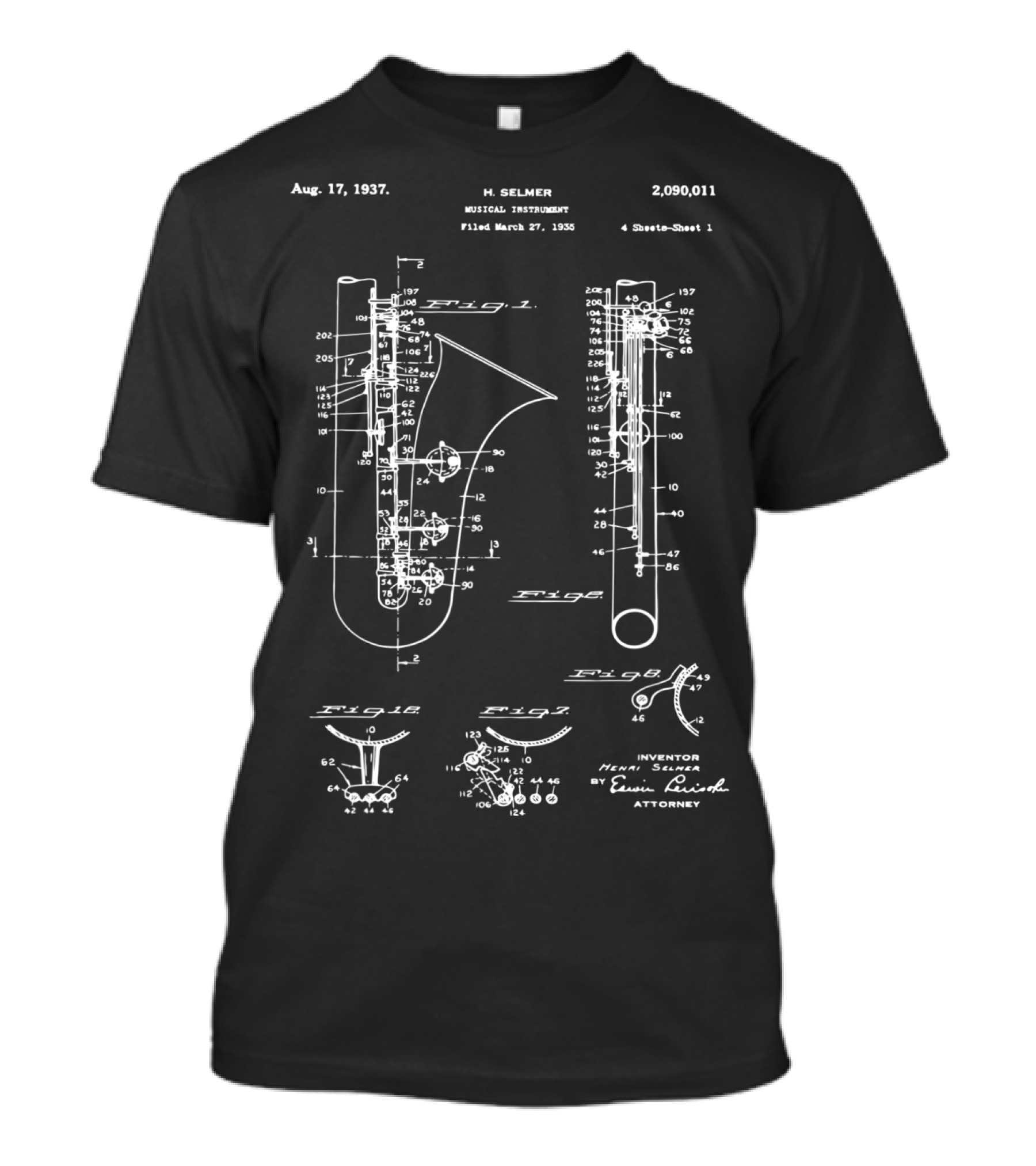 Aug 17 1937 H Selmer Musical Instrument Patent 2090011 Saxophone Blueprint T-Shirt