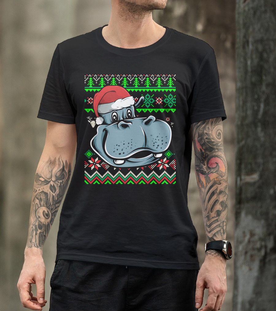 Ugly Christmas Hippo Africa Zoo Animal With Santa Hat And Festive T-Shirt