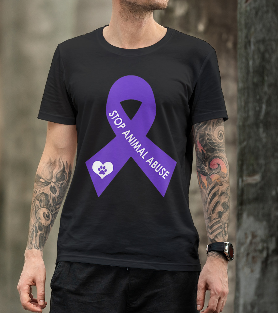 STOP ANIMAL ABUSE Awareness Purple Ribbon With Paw Heart T-Shirt