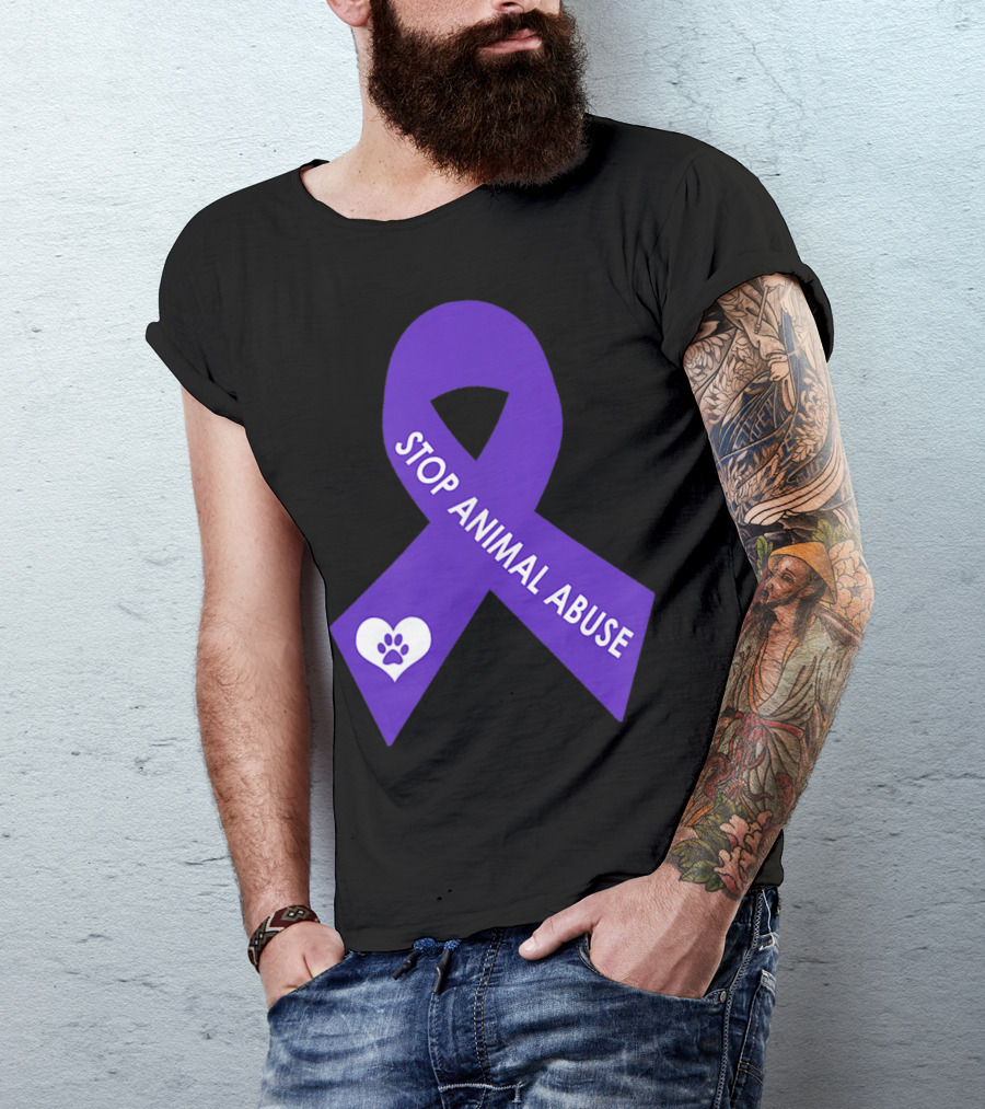 STOP ANIMAL ABUSE Awareness Purple Ribbon With Paw Heart T-Shirt