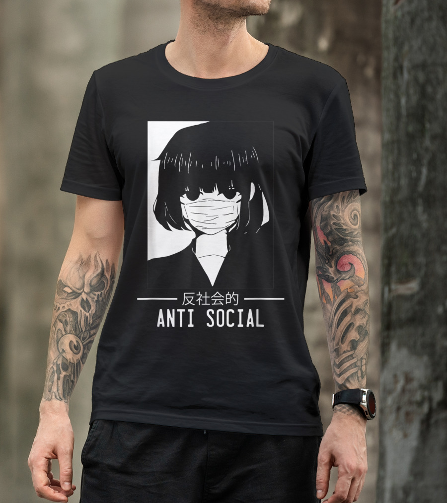 Anti Social Japanese Text Aesthetic Vaporwave Masked Girl T-Shirt